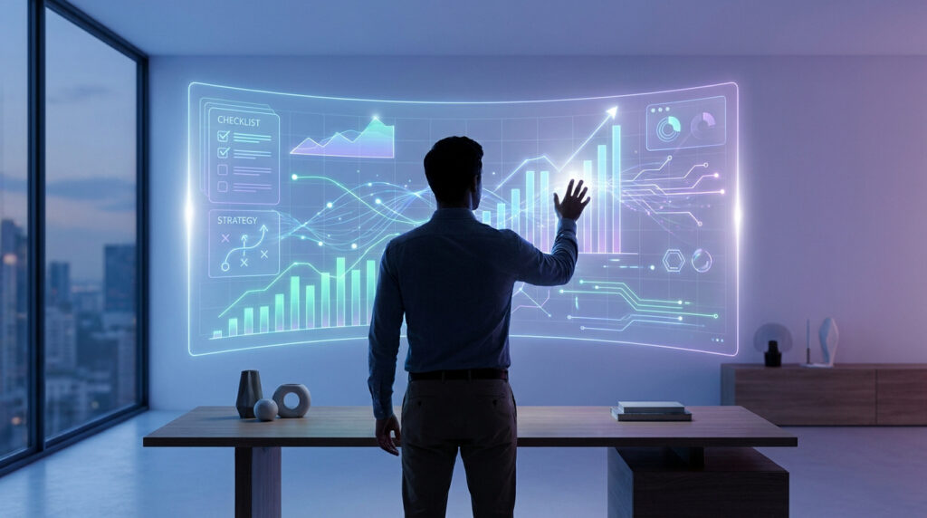 Un homme d'affaires interagissant avec un écran holographique affichant des graphiques SEO et des listes de contrôle.