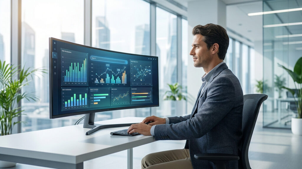Professionnel analysant des graphiques SEO sur un écran large dans un bureau moderne et lumineux.