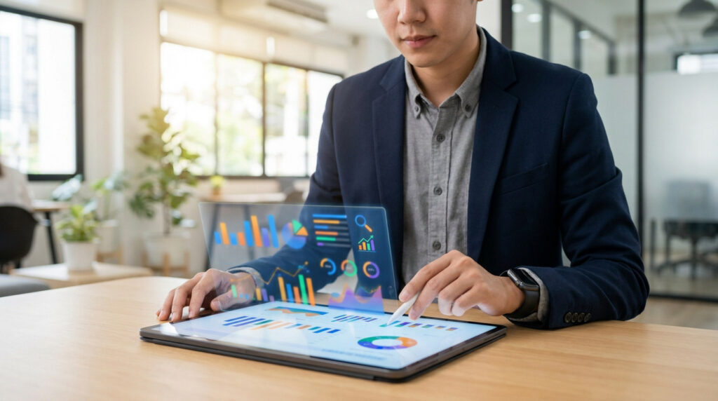 Un professionnel en costume utilisant une tablette avec des graphiques de données en réalité augmentée pour un audit SEO.