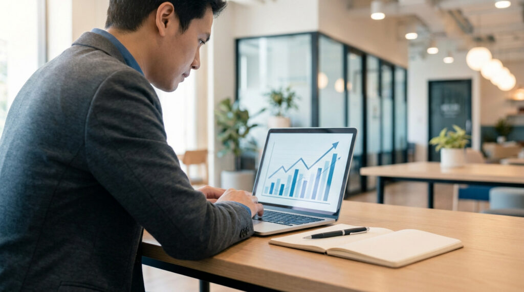 Un professionnel en costume travaillant sur un graphique de croissance financière sur son ordinateur portable.