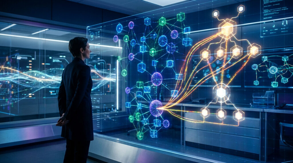 Une professionnelle observant un schéma complexe de nœuds et de liens numériques sur un écran holographique géant.