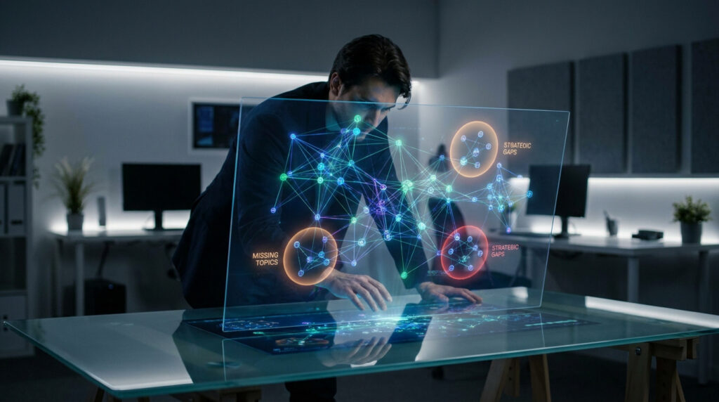 Un professionnel utilisant une interface holographique pour analyser des données de maillage sémantique et lacunes.