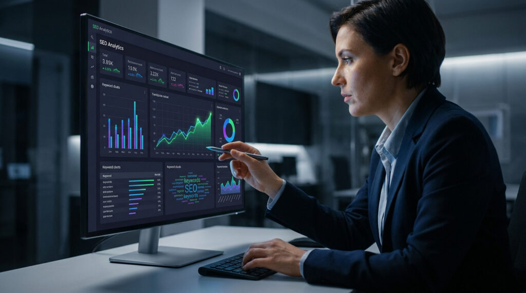 Une experte SEO analyse des données de performance et des graphiques de mots-clés sur son écran d'ordinateur.