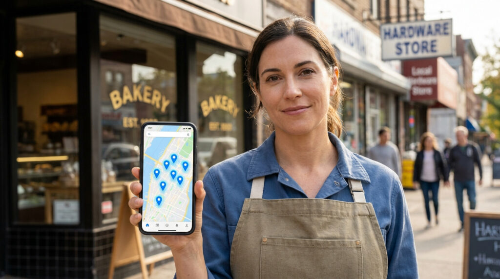 Une artisane devant sa boutique présente une application mobile affichant une carte avec des repères de localisation.