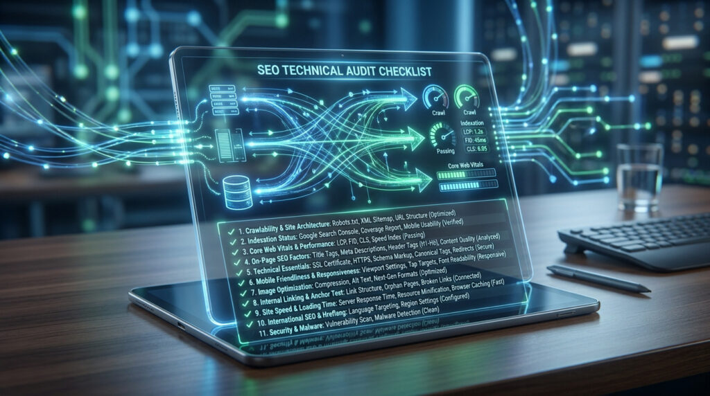 Tablette affichant une liste de contrôle d'audit SEO technique avec des flux de données numériques en arrière-plan.