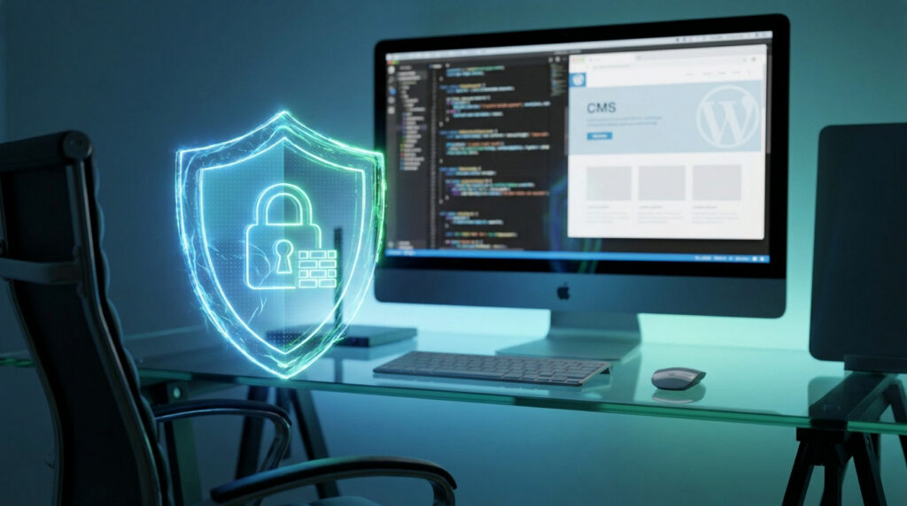 Icône de bouclier numérique avec un cadenas devant un écran affichant du code informatique et le logo WordPress.