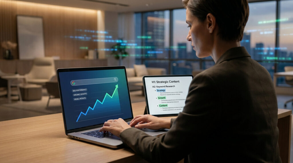 Une experte en SEO travaille sur son ordinateur affichant une courbe de croissance et une planification de contenu stratégique.