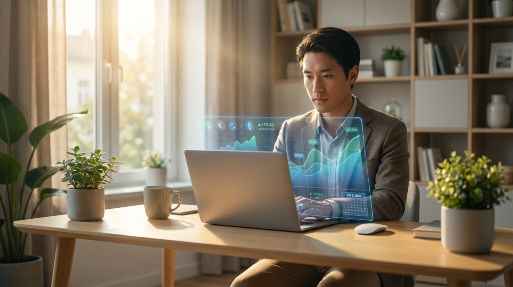 Un rédacteur web travaille sur un ordinateur avec une interface holographique de données financières en 2026.