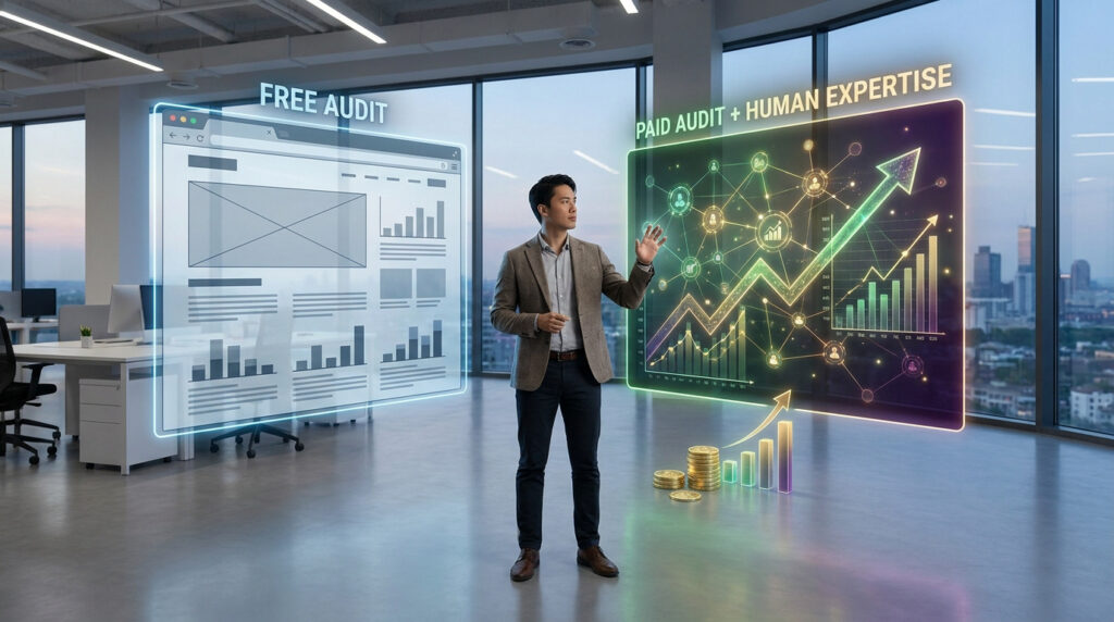 Un professionnel compare un audit SEO gratuit basique à un audit payant avec expertise humaine via des écrans holographiques.