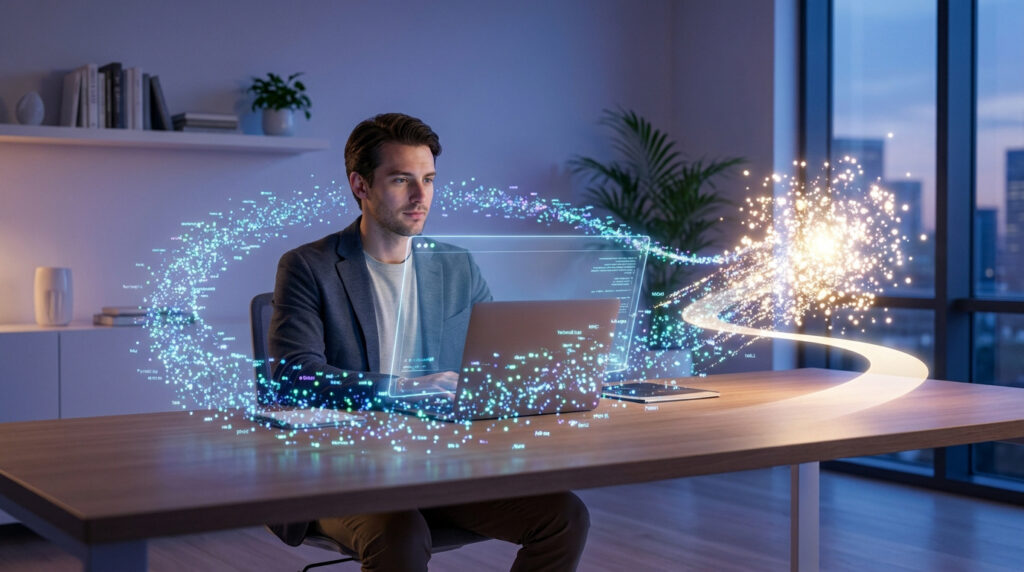 Un homme travaillant sur un ordinateur portable avec des flux de données numériques lumineux et futuristes autour de lui.