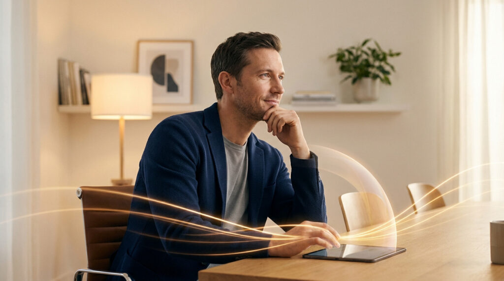 Un homme en veste bleue utilise une tablette, entouré de traînées de lumière dorée dans un bureau moderne.