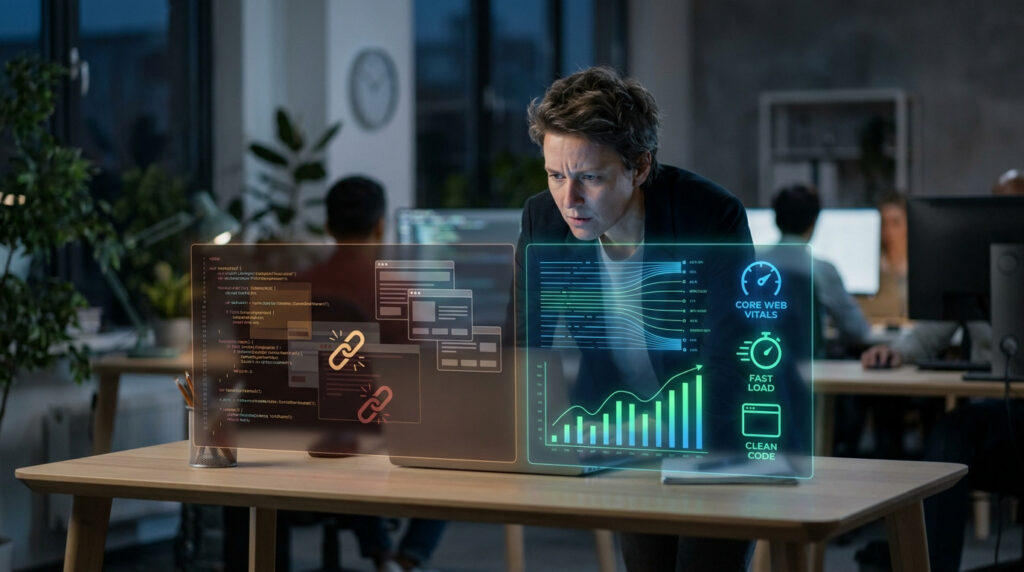 Développeur analysant des statistiques SEO et des performances web sur une interface holographique futuriste.