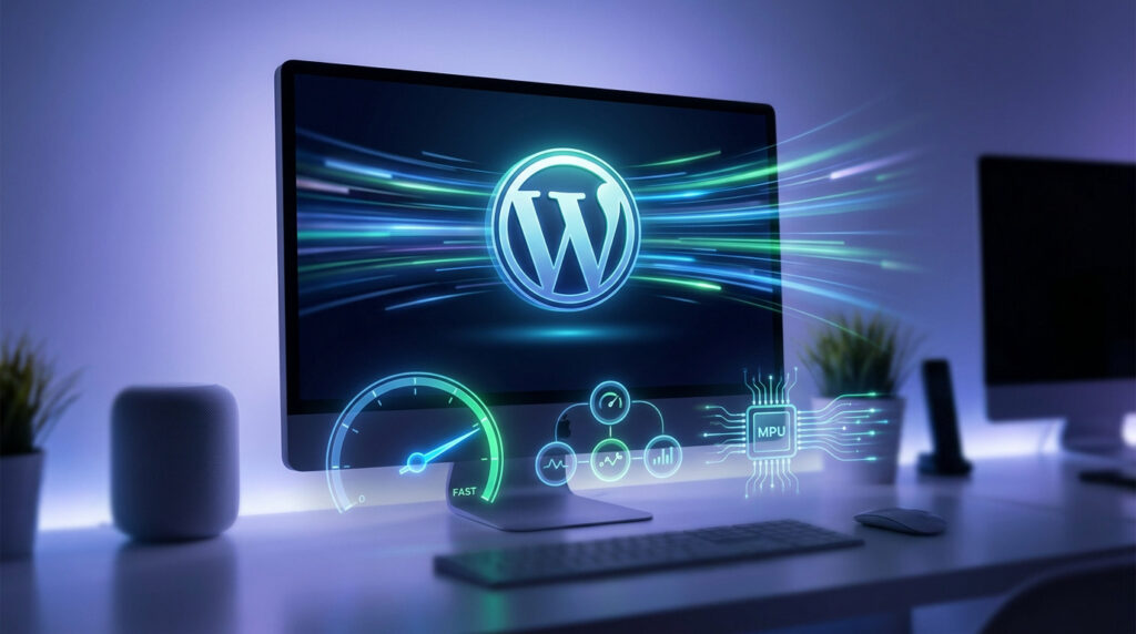 Moniteur affichant le logo WordPress avec des graphiques de vitesse et de performance en lumière néon bleue.