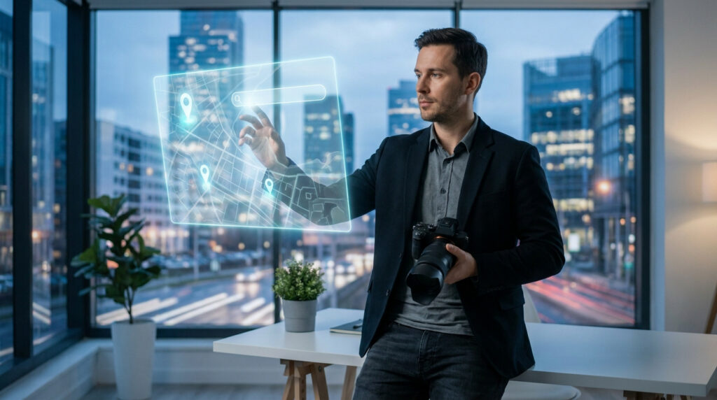 Un photographe utilise une interface numérique holographique de carte pour optimiser son SEO local.