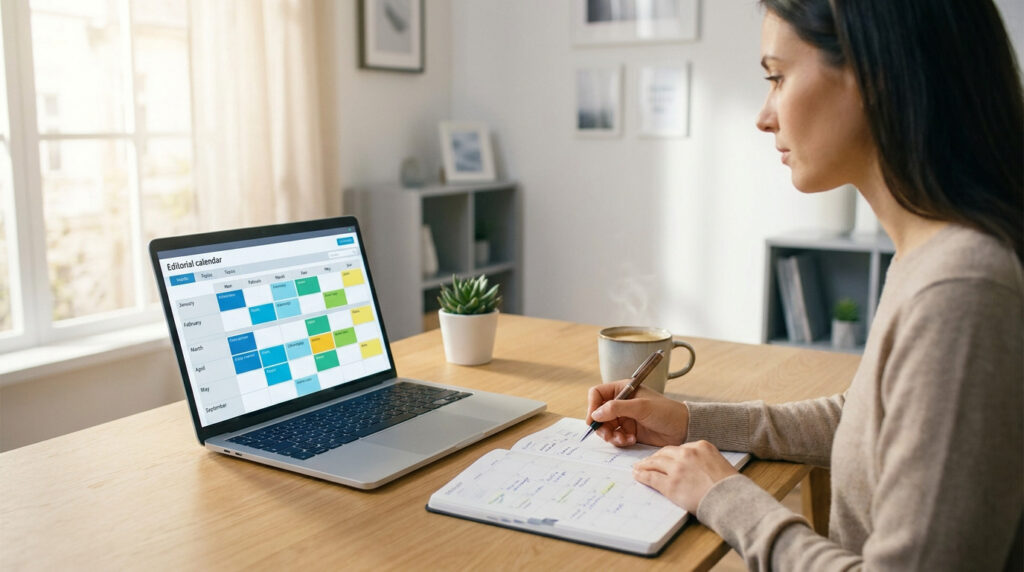 Une femme planifie son calendrier éditorial de blog sur un ordinateur portable et un agenda papier.