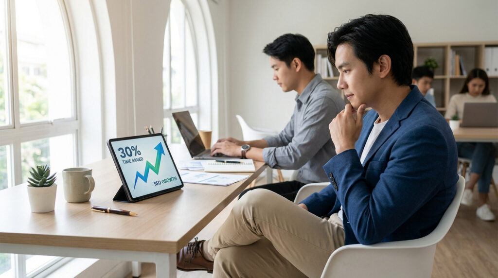 Un homme d'affaires réfléchi regarde une tablette montrant une croissance SEO de 30% dans un bureau moderne.