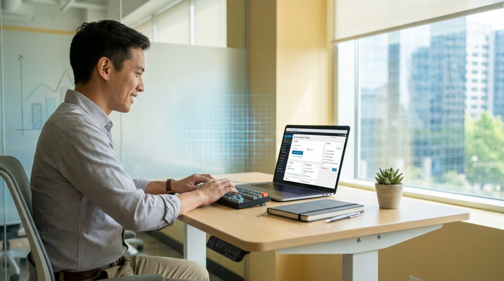 Un homme souriant travaille sur un ordinateur portable dans un bureau moderne avec vue sur la ville.