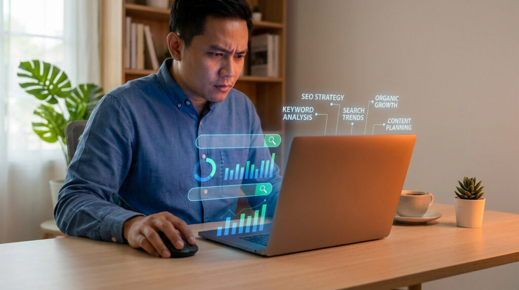 Freelance travaillant sur un ordinateur avec des graphiques SEO holographiques flottants à l'écran.