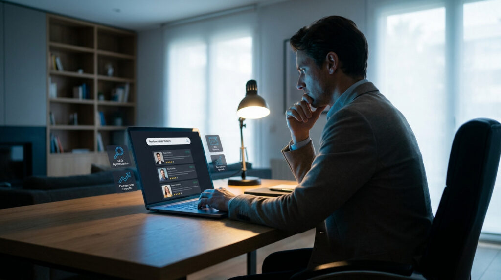 Un homme travaillant sur un ordinateur portable affichant une plateforme de recherche de rédacteurs web freelance.