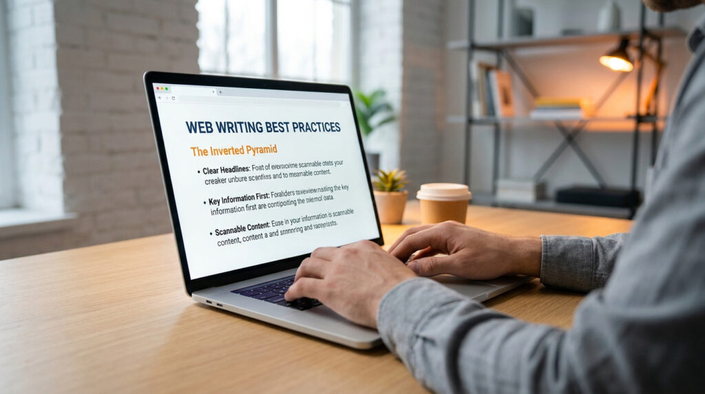 Un homme travaillant sur un ordinateur portable affichant des conseils sur la rédaction web.