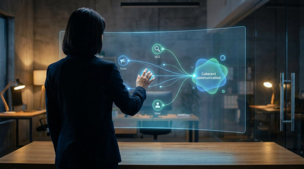 Une femme d'affaires interagit avec un écran holographique affichant les éléments d'une stratégie de communication.