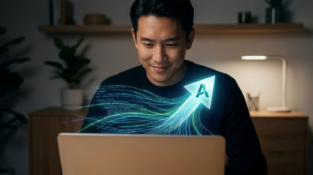 Un homme souriant devant son ordinateur portable avec une flèche lumineuse symbolisant la croissance et des données.