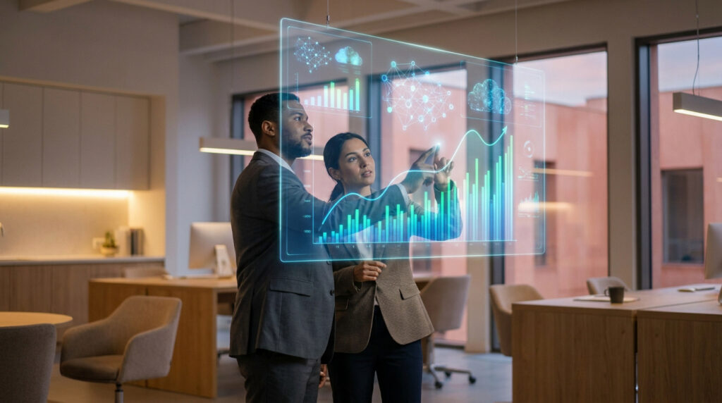Deux professionnels analysant des graphiques de données interactifs en IA dans un bureau moderne.