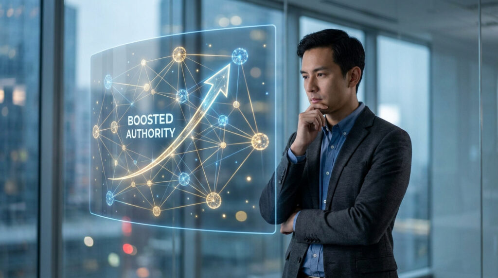 Homme d'affaires observant un graphique holographique de réseau de liens avec la mention « Boosted Authority ».
