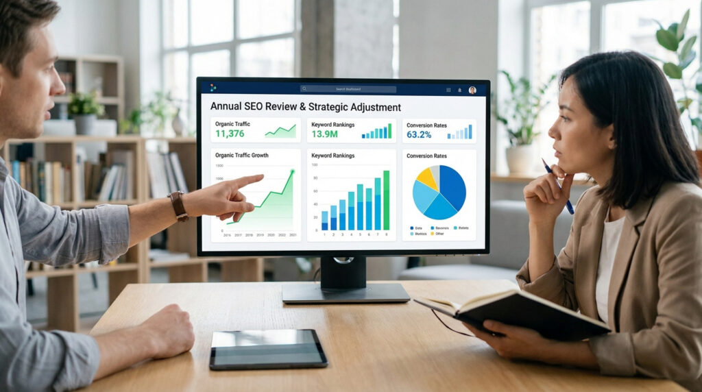 Un homme et une femme analysent des graphiques de performance SEO sur un écran d'ordinateur dans un bureau.