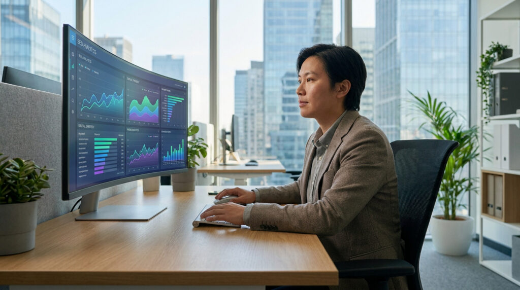 Un professionnel travaillant sur un ordinateur avec des graphiques de données SEO dans un bureau moderne.