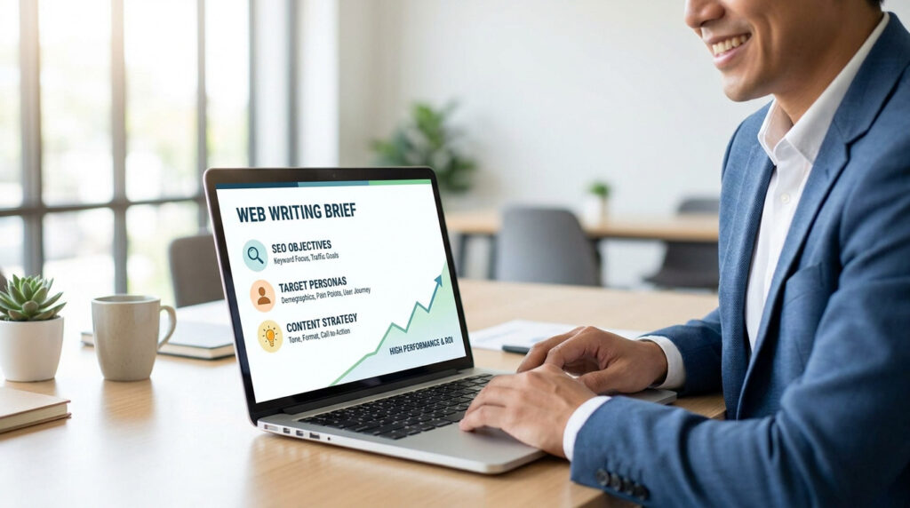 Un professionnel en costume travaillant sur un ordinateur affichant un modèle de brief de rédaction web performant.
