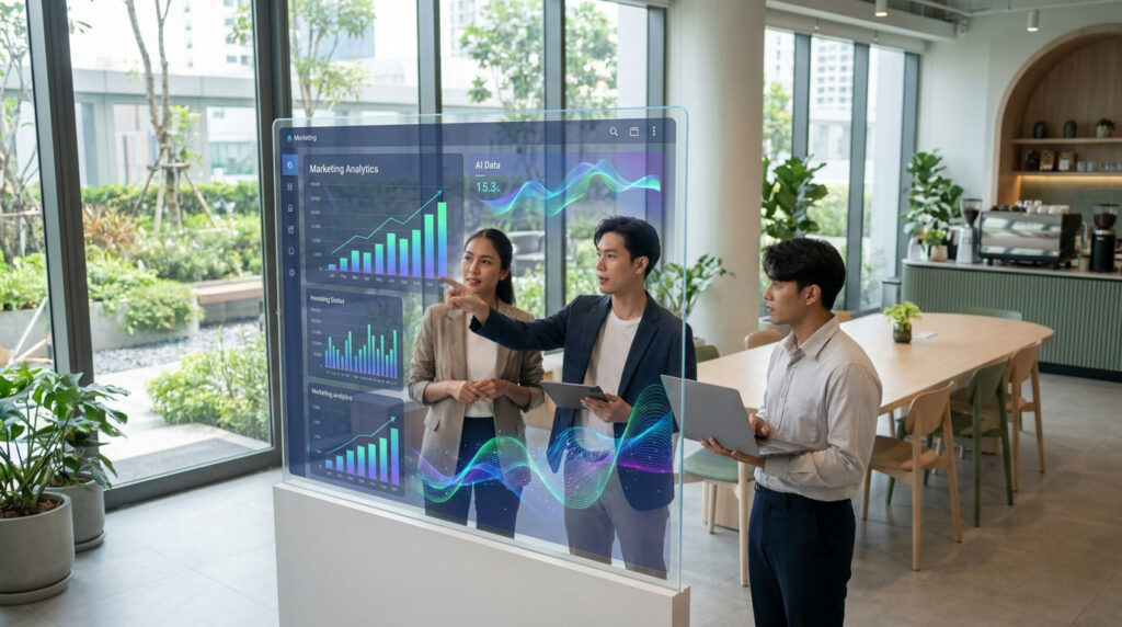Trois professionnels examinant des graphiques de données marketing sur un écran tactile transparent dans un bureau moderne.