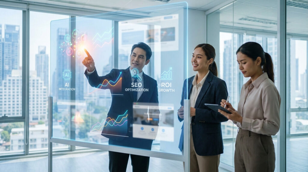 Équipe d'agence digitale interagissant avec un écran tactile transparent affichant des données SEO et IA dans un bureau.