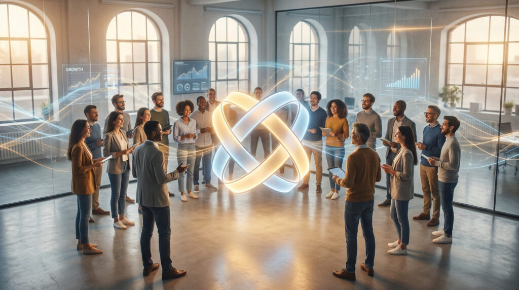 Un groupe de professionnels diversifié réuni autour d'un symbole lumineux abstrait dans un bureau moderne et lumineux.