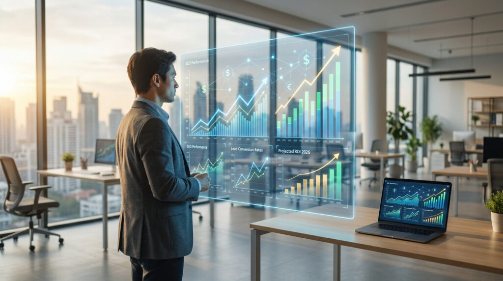 Un homme d'affaires regarde un écran holographique affichant des graphiques de performance et de rentabilité dans un bureau.