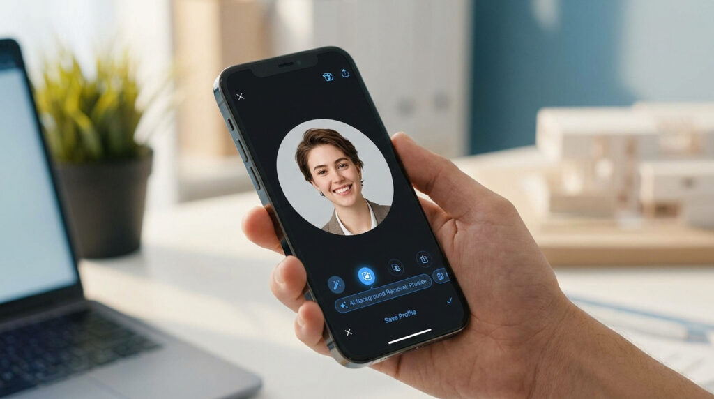 Main tenant un smartphone affichant l'interface de PFPmaker pour éditer une photo de profil professionnelle.