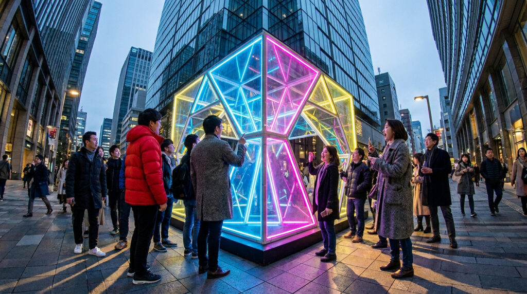 Un groupe de personnes observe une structure géométrique en néons roses et jaunes au milieu d'une rue urbaine moderne.