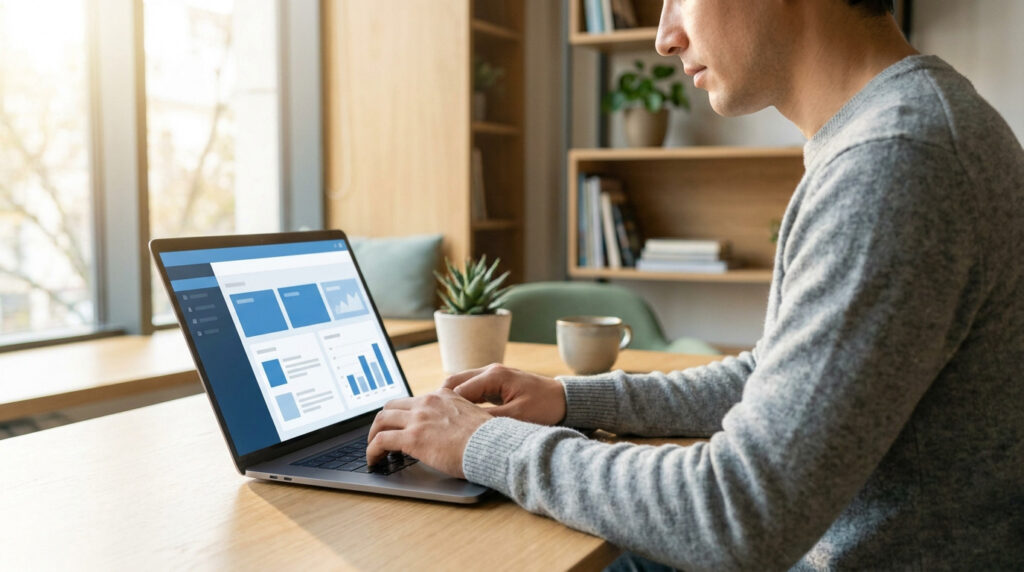 Un freelance travaillant sur un ordinateur portable affichant des statistiques et une interface de gestion de site.