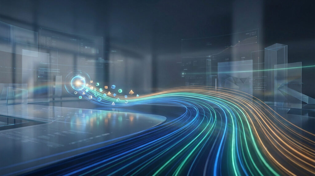 Flux lumineux de données numériques projetées dans un espace de bureau abstrait et moderne.