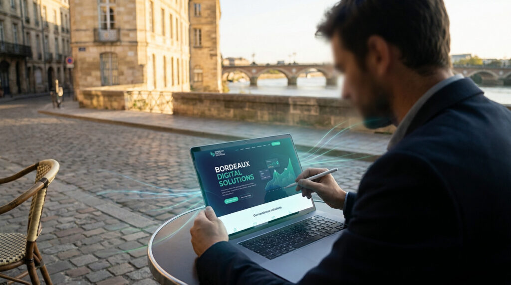Un professionnel travaillant sur un ordinateur portable à une terrasse à Bordeaux avec une interface web numérique.